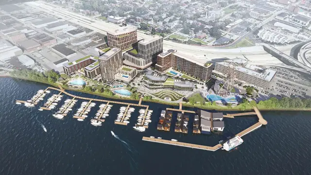 Aerial view of the full riverfront site